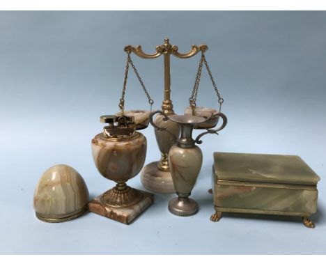 An onyx cigarette box and lighter etc.