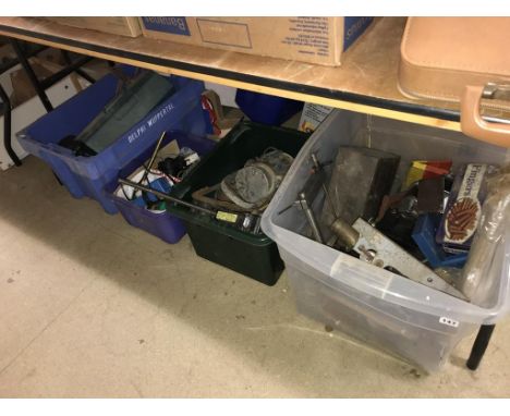 Four boxes of assorted, to include tools and model train parts etc.