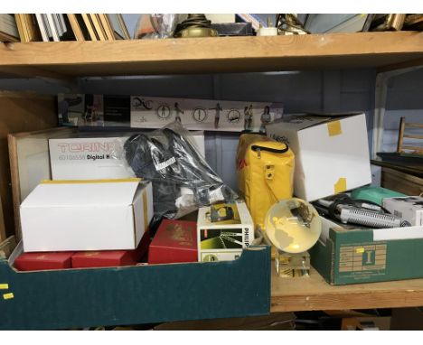 A quantity of assorted to include books and crystal globe etc., on one shelf