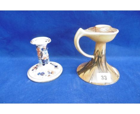 1930, CLEWS AND CO. ART DECO POTTERY CANDLESTICKS AND 19TH CENTURY STICK