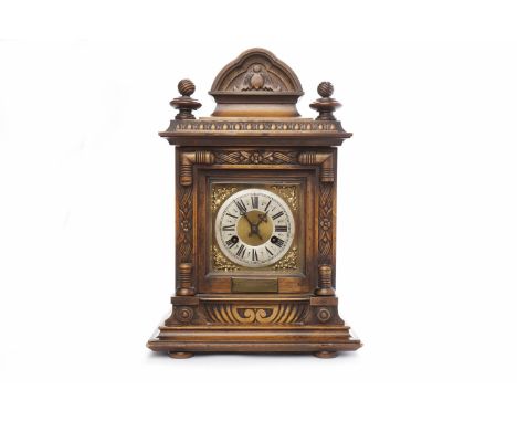 EDWARDIAN BRACKET CLOCK with gilt and silvered dial, presentation plaque dated 1909, 43cm high 