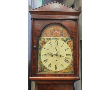 EARLY VICTORIAN MAHOGANY LONGCASE CLOCK maker indistinct, the painted dial representing the seasons, with Roman numerals and 