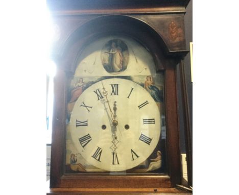 LATE GEORGE III SCOTTISH LONGCASE CLOCK the hood with dentil cornice and urn inlaid corners, enclosing an arched painted enam