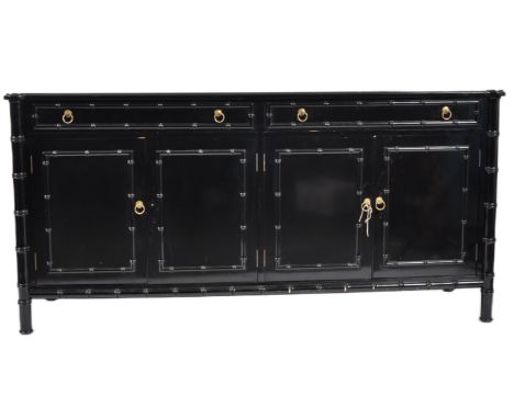 A vintage 20th Century 1980s Aesthetic movement style ebonised sideboard credenza finished in black lacquer with faux bamboo 