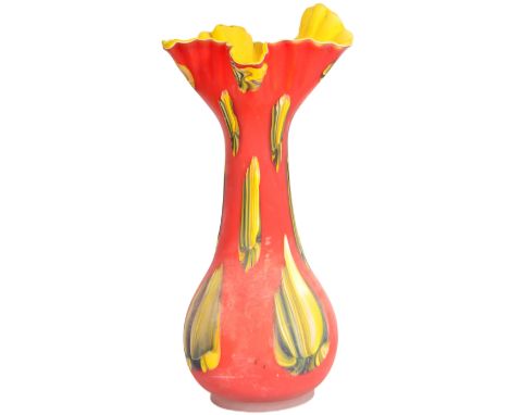 A large retro vintage 20th Century painted vase having a crimpled rim with waisted neck terminating to a bulbous base. Red gr