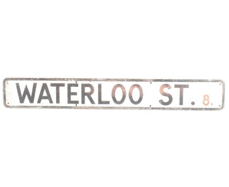 Waterloo St. 8 - An original vintage 20th Century aluminum Bristol road sign for Waterloo Street 8. Black border and letterin