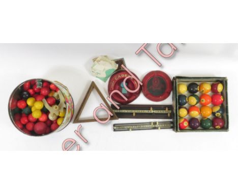A good collection of vintage snooker/pool balls, along with an ashtray and other items