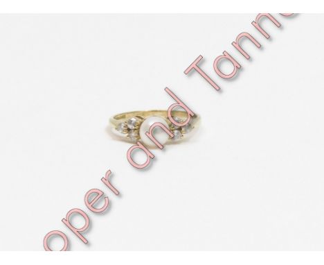 A cultured pearl and cubic zirconia 9 carat gold ring, the 5.3 mm pearl with a trio of stones to either side, finger size K, 