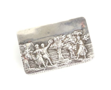 Silver snuff box with embossed rural scene by R E P, sides formed like a cross weaved picnic hamper, Birmingham 1979.    