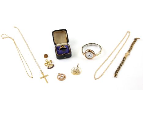 A group of gold jewellery, a single French tigers eye set dress stud, in 18 ct, ship pendant stamped 14 ct, masonic pendant, 