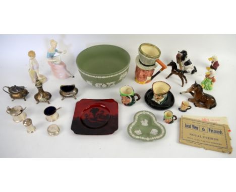 Group of mixed ceramics including Doulton figures including HN 2202 and HN 1052, Royal Doulton flambe saucer, Toby jugs, gree