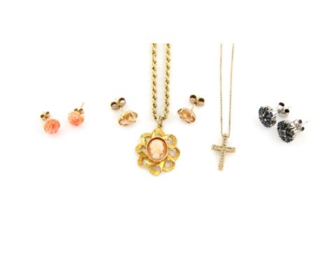 Collection of gold jewellery, diamond cross pendant and chain, sapphire cluster earrings, carved coral studs, cameo pendant w