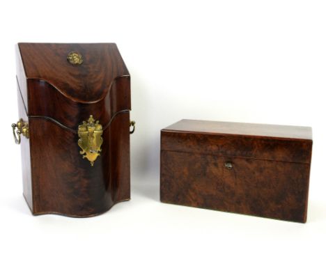 19th century figured walnut two canister tea caddy with mixing bowl and a 19th century mahogany knife box.    