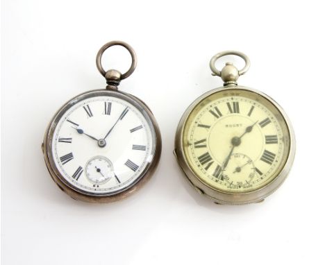 Two pocket watches, late 19th C silver pocket watch, enamel dial with Roman numerals, subsidiary dial and minute track, mecha