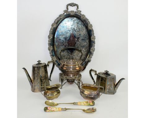 Large collection of silver plated wares, to include two trays, tea and coffee service, breakfast dish and cover, claret jug a