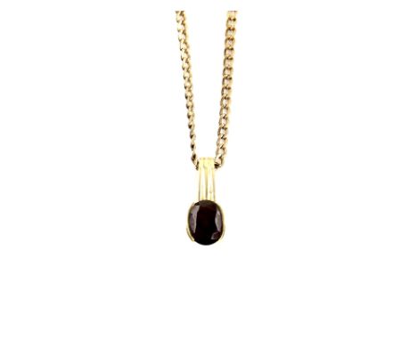 Gold chain of flat rope links with a garnet set pendant, chain Italian with marks for 9 ct .    CONDITION, good condition, pe