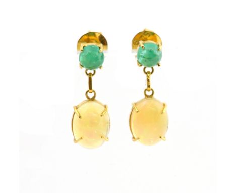 Drop earrings set with opal and green diopside cabochon cut stones in 14 ct gold .    