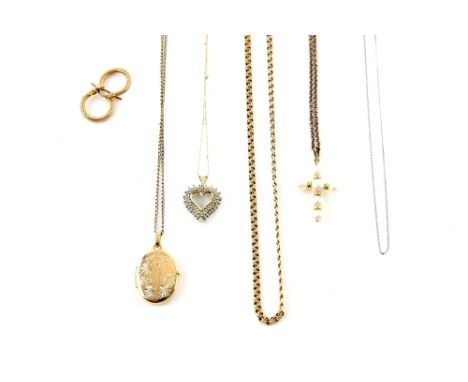 Mixed group of  gold jewellery, diamond set heart pendant and chain, stamped 10 ct,  pearl cross pendant, oval locket and two