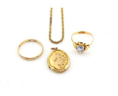 Group of gold jewellery, Victorian locket with engraved decoration, fancy link chain, ring set with synthetic spinel, and a w
