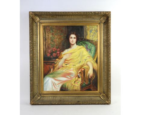 19th century style portrait of a seated lady in yellow shawl, oil on canvas, in gilt frame, 49 cm x 60 cm.    