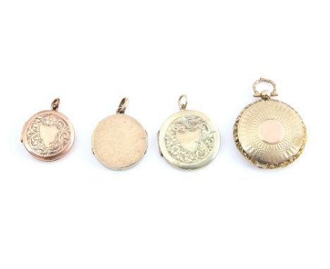 19th C lockets, one in gold and pinchbeck with engine turned decoration, a plain circular double locket and two with engraved