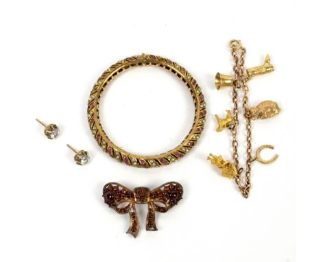 Mixed group of items, gold charm bracelet with six charms, including horse shoe, dog and a bell, Cubic zirconia stud earrings