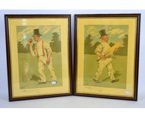 'The Cricket Match, Tonbridge School', coloured print published by Tattershall Dodd, together with two Kyd cricket caricature