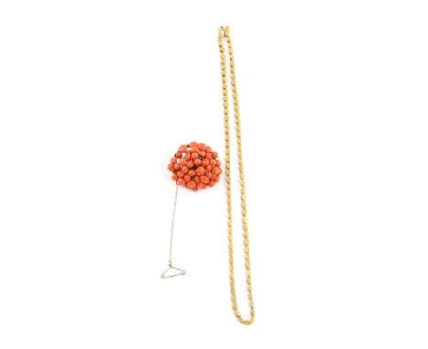 Fancy oval link chain necklace, testing as 18 ct, gold,  lobster claw clasp, length 41.5 cm  and coral cluster brooch, in gil