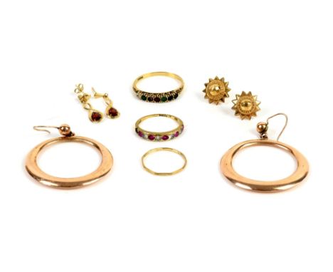 A gem set ring spelling Dearest with diamond amethyst ruby emerald, paste set ring, gold band and three pairs of earrings, ga