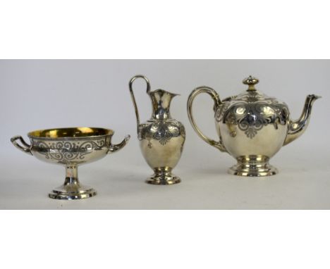 Victorian silver three-piece tea-service, by James Charles Edington, London 1855, with etched scroll decoration, teapot with 