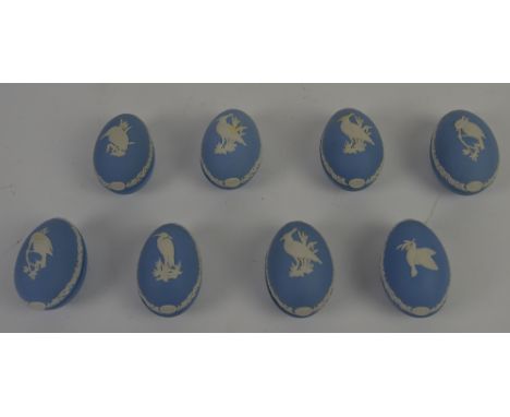 Eight Wedgwood Jasperware annual egg trinket boxes, relief moulded bird designs, various dates from 1977 to 1985. (8).    