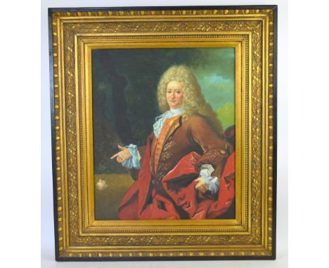 20th century portrait of a gentleman in period dress, wearing a red coat , oil on canvas, in gilt frame, 49 cm x 59.5 cm.    