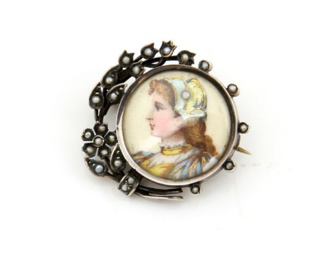 Limoges enamel brooch, central round painted portrait of a girl wearing enamel bonnet, in floral seed pearl set frame, mounte