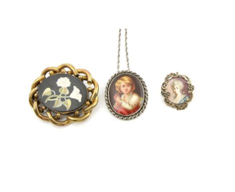 Antique enamel portrait pendant, twisted chain border, concealed bail, 4.2 x 3.5cm mounted in silver with chain, with painted