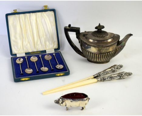 Small quantity of silver and silver plate including a silver pig pin cushion, a silver bachelor teapot, silver and enamel tea