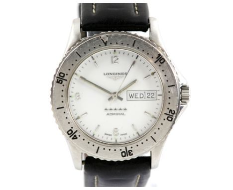 Longines gentleman's Admiral five star stainless steel wristwatch,, the signed white enamel dial with baton hour markers, day