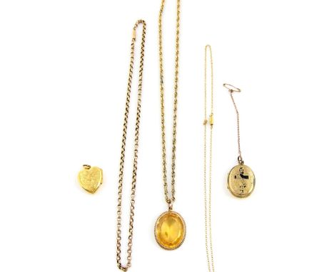 Victorian oval cut yellow paste pendant and rope chain, with two belcher link chains, all in 9 ct, enamel mourning and heart 