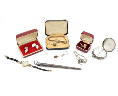  Mixed group of items, a single drop earring and butterfly, testing as 9 ct, silver plated pocket watch, wristwatch, tie pin,
