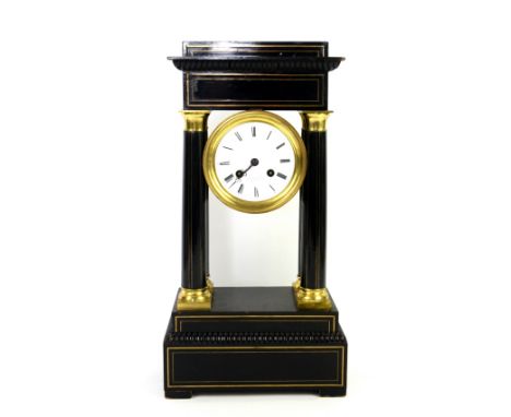 19th century French  ebonised mantel clock  by Barthelemy and two slate mantel clocks.  .    