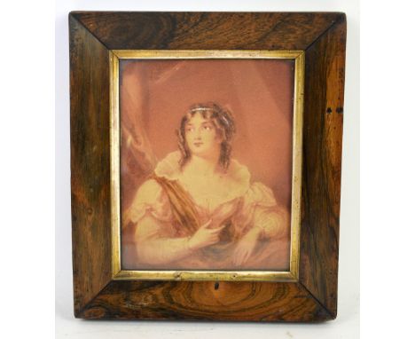19th century watercolour portrait of a woman, highlighted in white, 18cm x 14.5cm.    