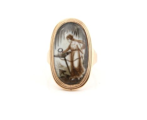 Georgian ring, oval form, central painting of a lady leaning on an anchor under a willow tree with a ship at sea in the dista
