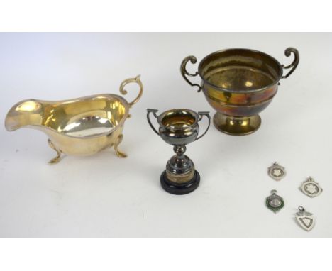 Silver trophy cup, 7 cm wide across handles, silver plated trophy cup, gravy boat and three medals, one with enamel decoratio