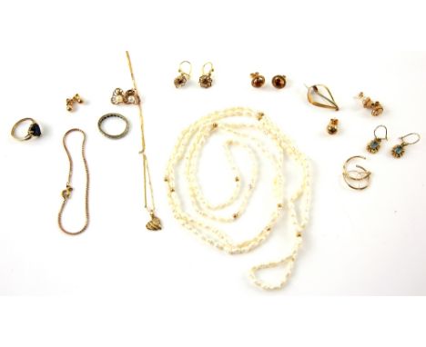 Mixed group of jewellery, diamond set heart pendant and chain, blue paste drop earrings, a pair of hoops, and shell cameo stu