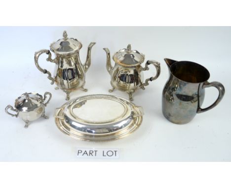 Selection of silver plated and white metal items to include two entrée dishes and covers, tea and coffee service, water jug, 