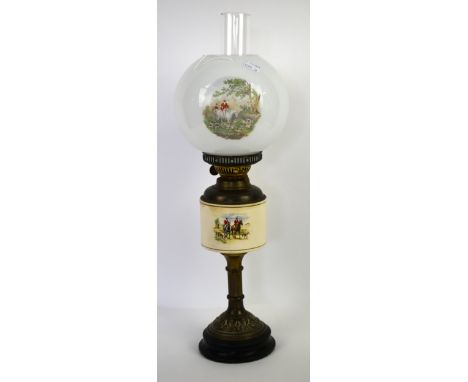 Oil lamp base and shade with hunting scenes.    