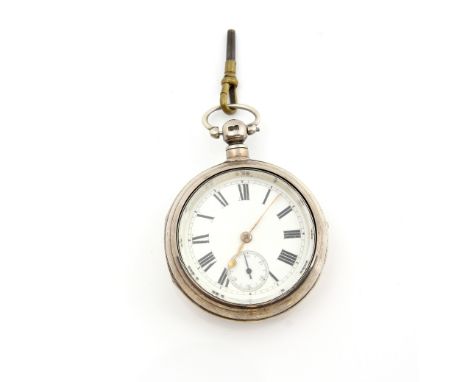 Victorian silver pair cased pocket watch, the white enamel dial with Roman numerals and minute track, subsidiary seconds dial