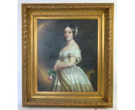 19th century style portrait of a bride holding a rose, oil on canvas, in gilt frame, 49 cm x 60 cm.    