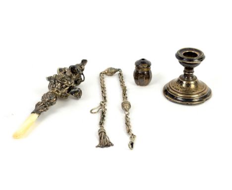 Silver and mother of pearl babies teether, dwarf candle stick, salt, silver pocket watch and chain and a gold plated full hun