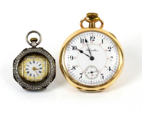 Open faced Hamilton pocket watch, enamel dial with Arabic numerals, minute track, hour track and subsidiary dial, mechanical 