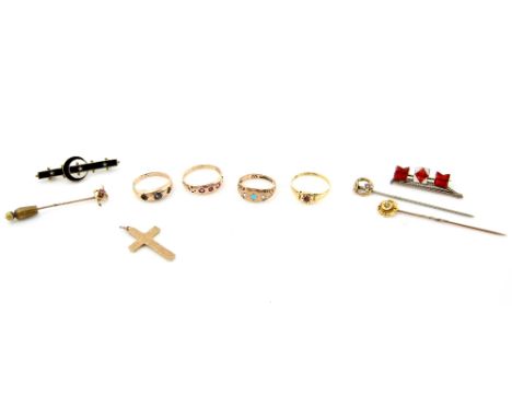 Group of antique jewellery, four rings, one Victorian garnet set in 18 ct, two others with turquoise and pearl or ruby, both 